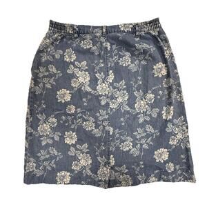 Vintage 100% cotton denim button down floral print jean skirt size 16 Pockets